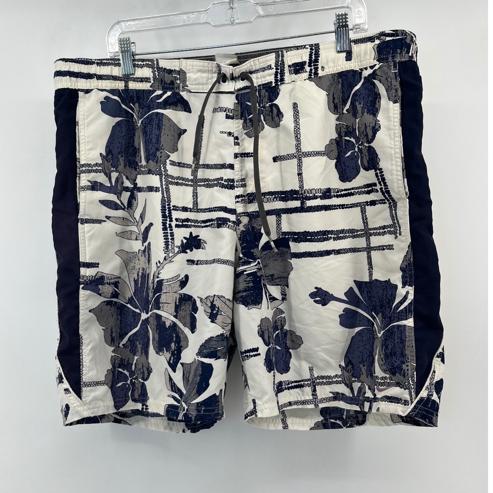 Nike Swim Board Shorts Mens Large White Blue Floral Hibiscus Trunks Vintage 90s